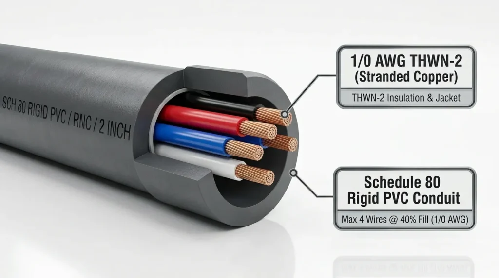 1/0 awg in schedule 80 pvc