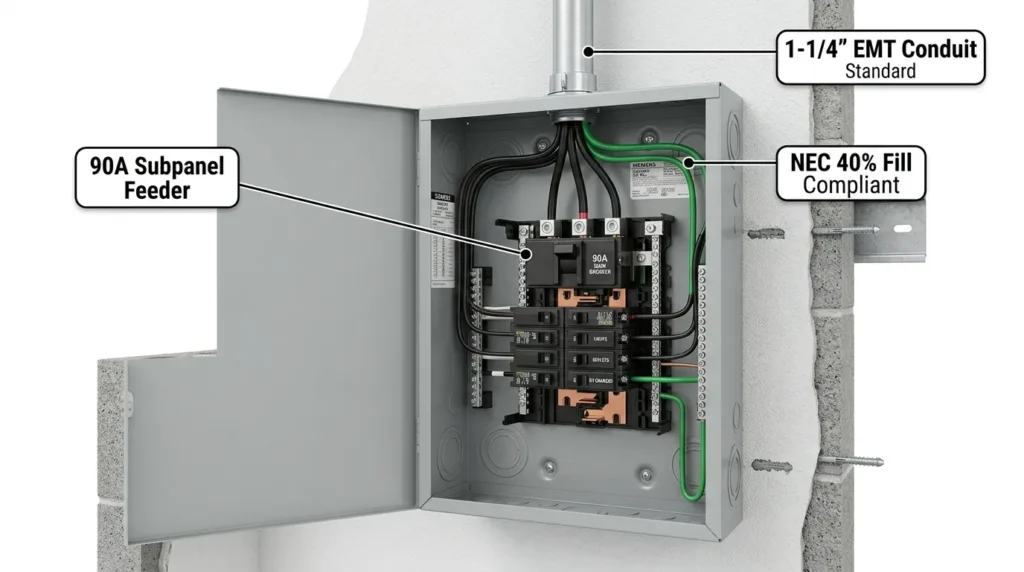90 amp subpanel conduit size