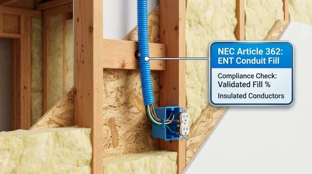 3D cutaway diagram of blue ENT corrugated smurf tube conduit installed in wall cavity under NEC Article 362