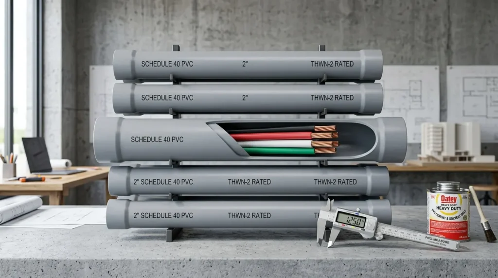 Schedule 40 PVC conduit fill chart guide showing gray rigid PVC pipes with neat THWN-2 copper wires
