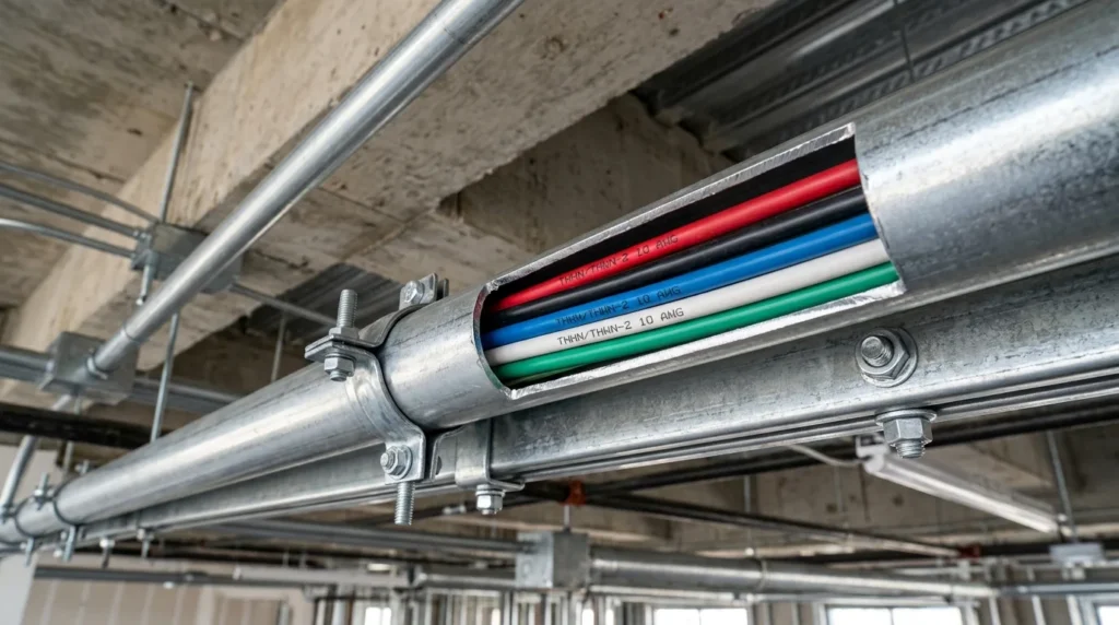 Clean commercial installation of electrical metallic tubing EMT conduit showing color-coded THHN copper conductors meeting NEC 40 percent fill capacity