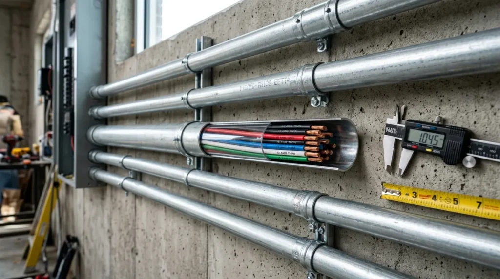 EMT conduit fill chart guide showing shiny steel electrical metallic tubing with neat THHN wire bundles