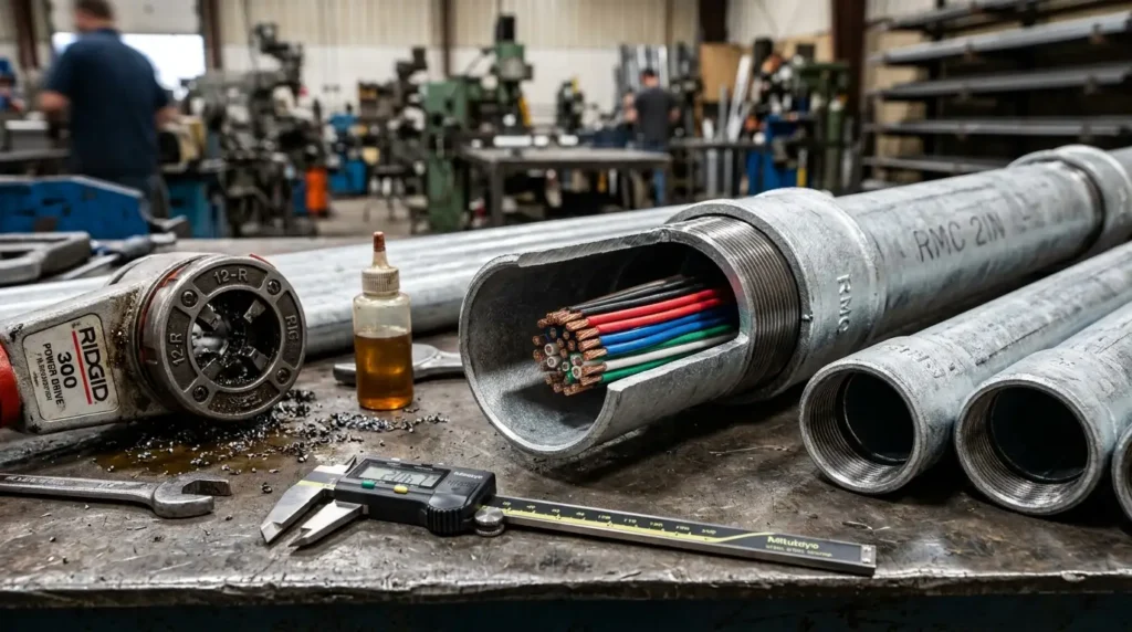 Rigid metal conduit RMC fill chart guide showing heavy threaded galvanized steel conduit with copper wire bundle