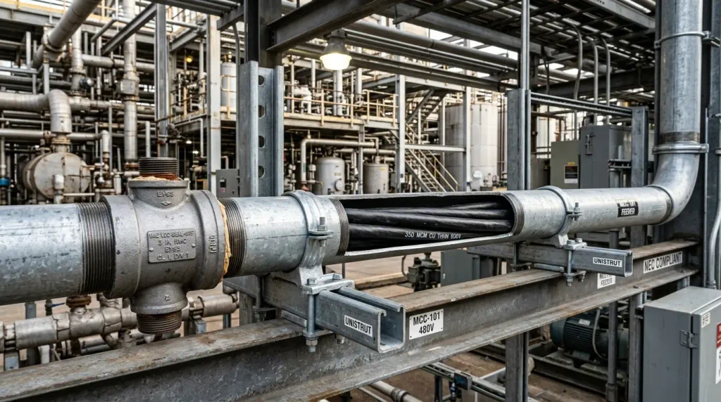 Industrial petrochemical refinery showing heavy threaded RMC rigid steel conduit with explosion-proof seal-off fittings