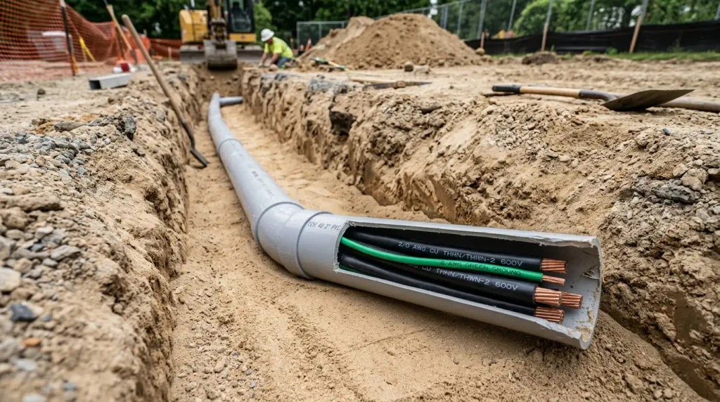 Underground electrical trench with gray Schedule 40 PVC conduit and color-coded THWN-2 copper wires