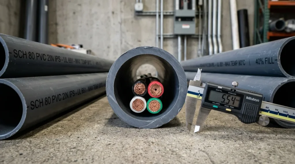 Schedule 80 heavy-wall PVC conduit fill chart guide showing thick dark gray rigid PVC pipes with copper wire bundle