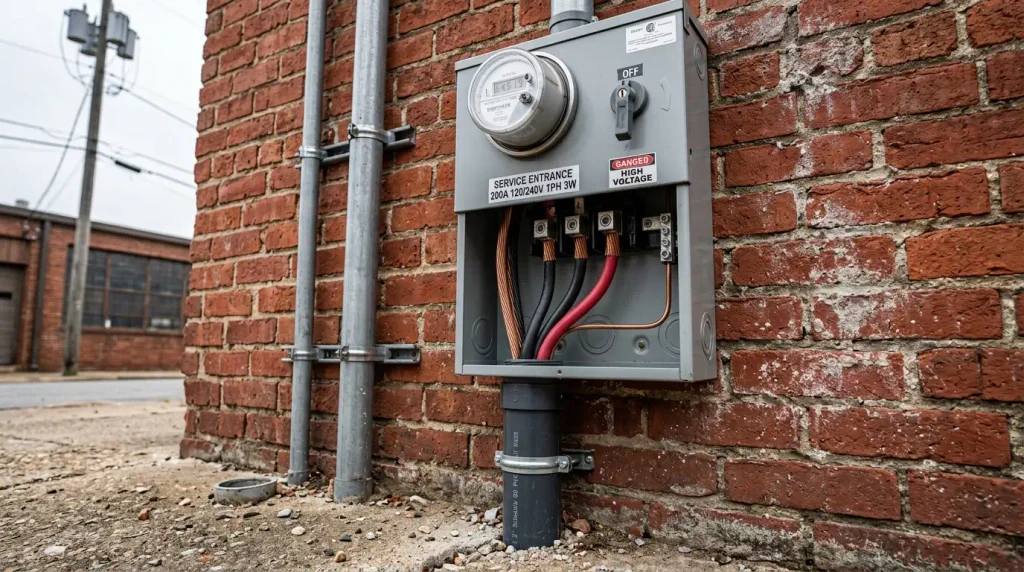 Commercial exterior service riser showing heavy-wall Schedule 80 PVC conduit protecting service entrance cables from physical impact
