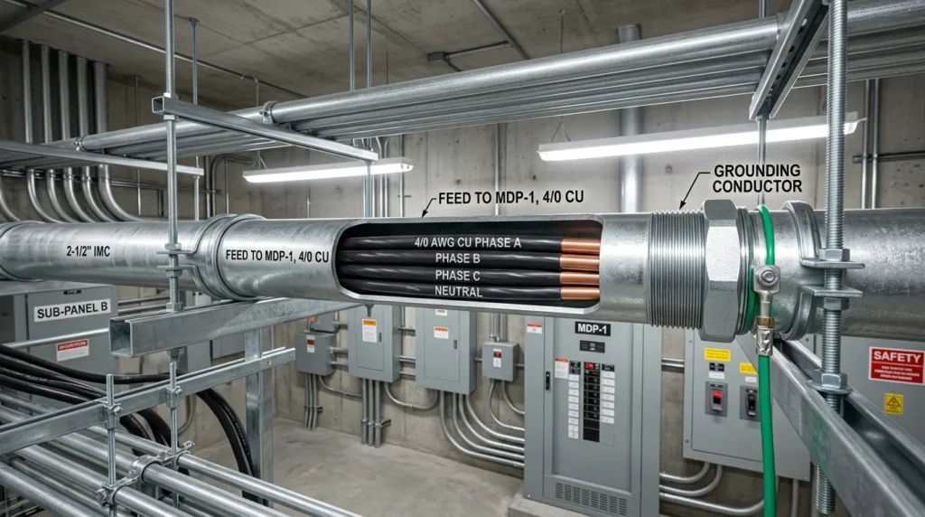 Commercial electrical switchgear room showing overhead threaded IMC intermediate metal conduit with copper feeder wires