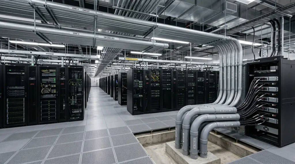 Commercial data center facility showing steel EMT conduit raceways overhead and underground PVC power feeds