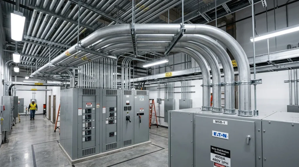 Commercial electrical switchgear room showing overhead parallel conduit racks with large radius field bends
