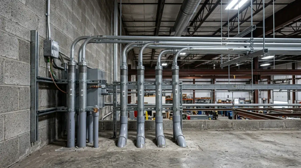 Commercial building electrical room showing hybrid installation of underground PVC rising as RMC into indoor overhead EMT raceways