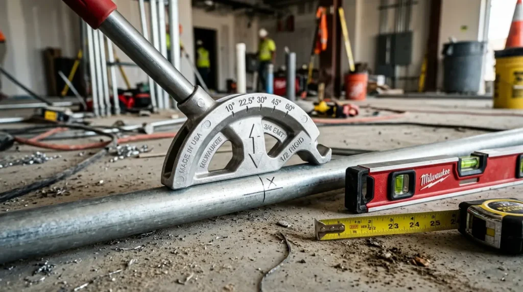 Hand conduit bender on EMT pipe showing arrow alignment mark, tape measure, and degree angles