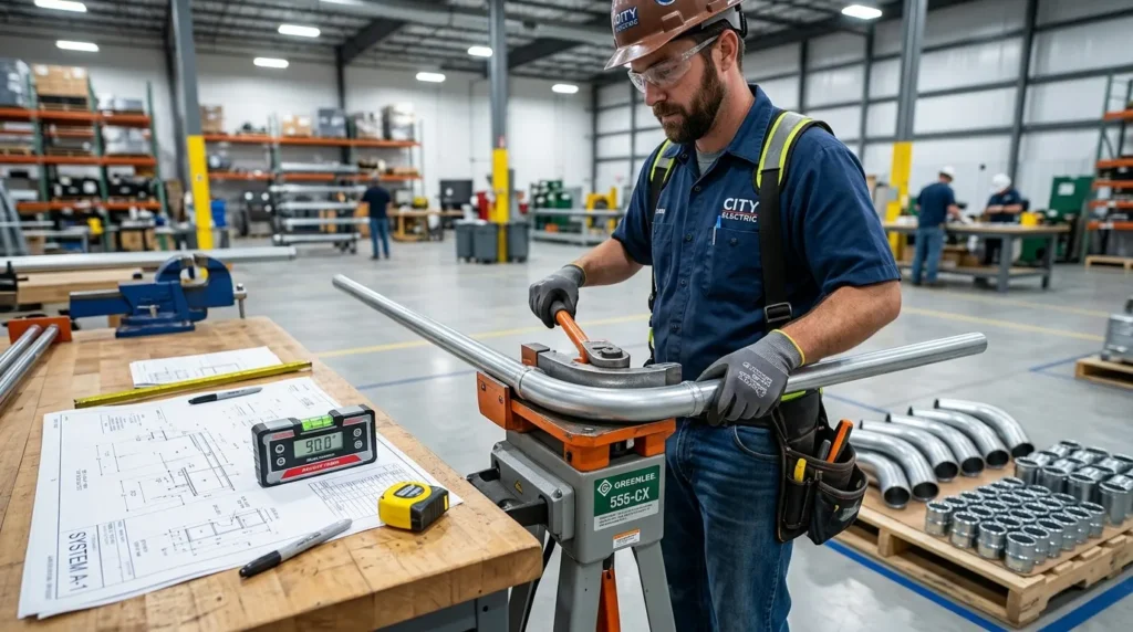 Commercial electrician operating an electric conduit bender next to stacks of factory conduit elbows and couplings