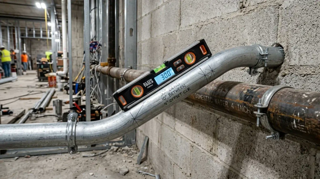 Conduit offset bend clearing a 4-inch plumbing pipe obstacle with tape measure and pencil alignment markings