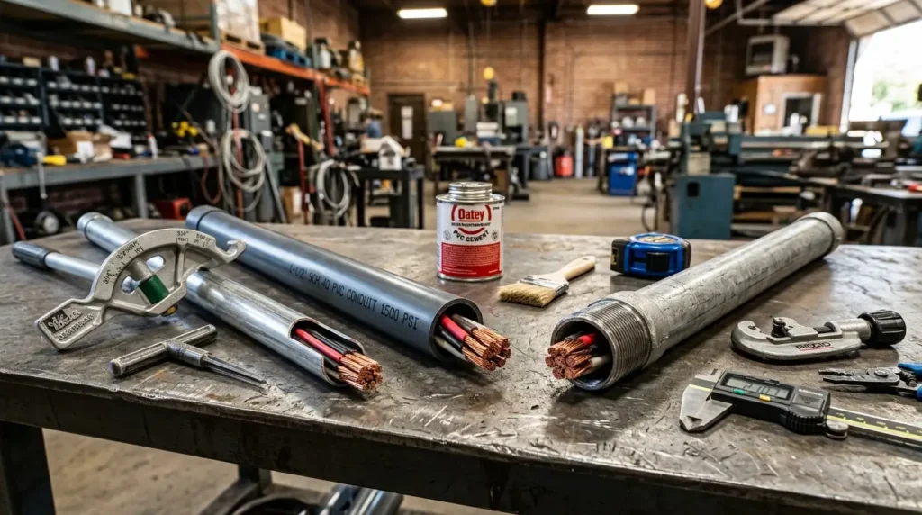 Side-by-side comparison of EMT thinwall steel, gray PVC plastic, and heavy threaded RMC rigid steel conduit with electrician tools