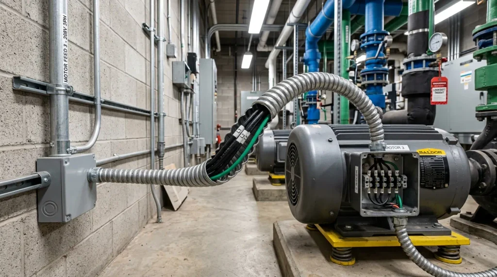 Commercial air handler motor connection showing flexible metal conduit FMC Greenfield with copper wires