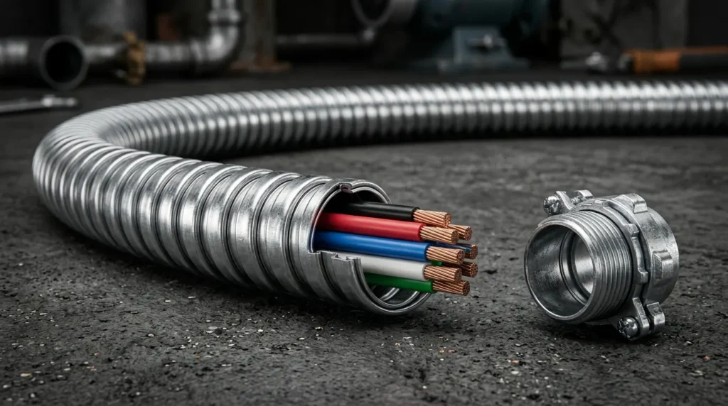 Flexible metal conduit FMC Greenfield fill chart guide showing spiral wound steel flex with copper wire bundle