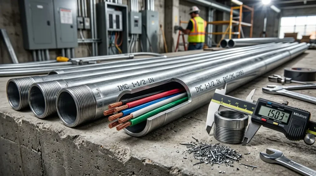 Intermediate metal conduit IMC fill chart guide showing threaded steel pipe with copper conductors
