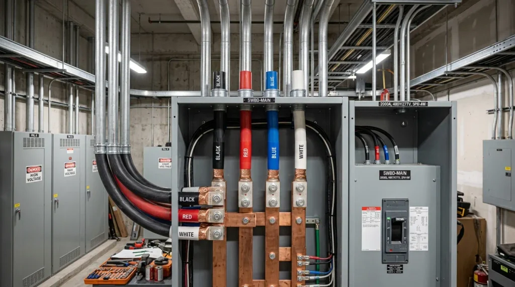 Commercial electrical switchboard showing heavy gauge colored XHHW-2 copper feeder cables entering conduit terminations
