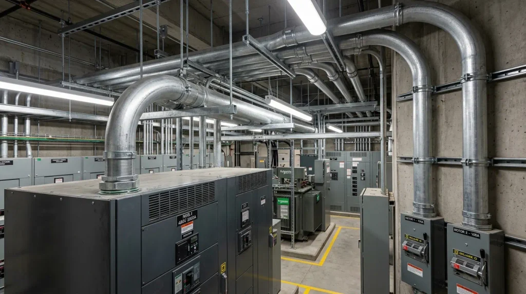 Industrial electrical switchgear room showing overhead threaded RMC and IMC conduit racks with copper feeder conductors