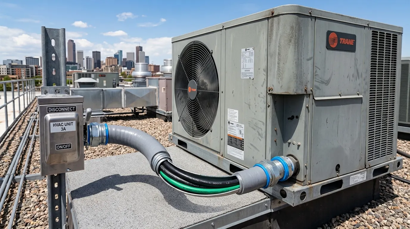 Outdoor commercial HVAC rooftop condenser with Liquidtight flexible metal conduit LFMC Sealtite whip and copper wires