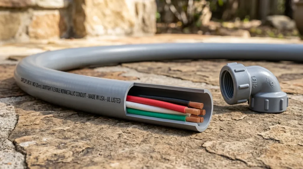 Liquidtight flexible nonmetallic conduit LFNC Carflex fill chart guide showing flexible gray PVC conduit with copper wire bundle
