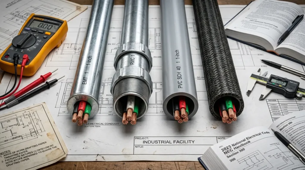 Metallic vs non-metallic electrical conduit comparison showing steel EMT and heavy RMC next to gray PVC and fiberglass RTRC pipes