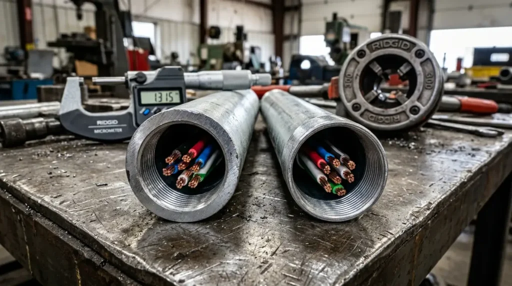 RMC rigid metal conduit versus IMC intermediate metal conduit side-by-side comparison showing wall thickness and threaded couplings