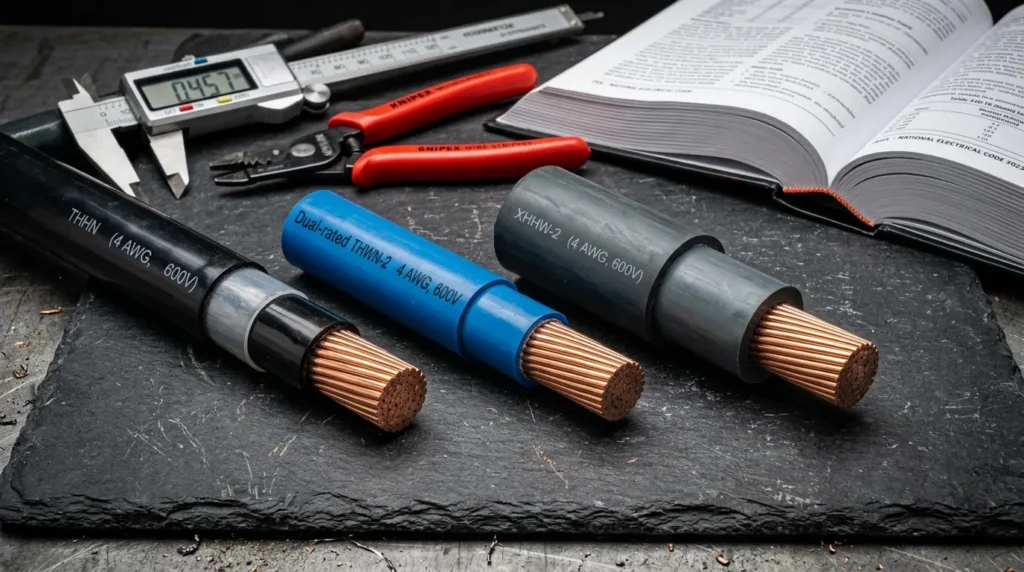 THHN vs THWN-2 vs XHHW-2 electrical copper wire comparison showing insulation layers and stripped copper strands